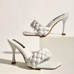 White Square Toe Heel Sandal With Braided Strap